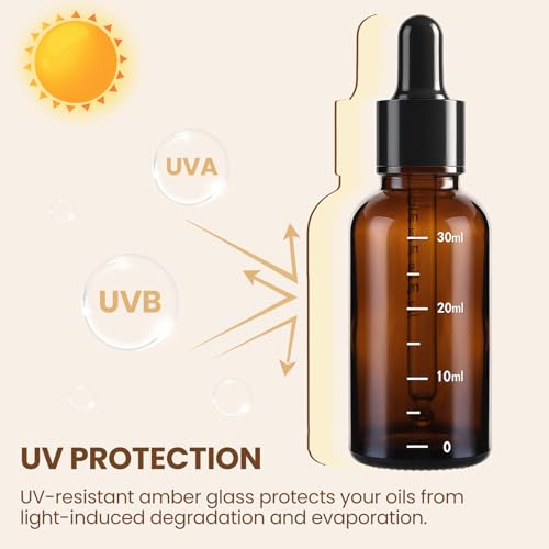 63 Pcs 1oz Amber Glass Dropper Bottles with Measurement, 30ml Leakproof Tincture Bottles with Funnels, Eye Droppers, Extra Caps & Labels, Refillable Empty Bottle for Tinctures, Essential Oils