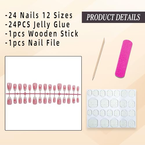 Jremg Color6 Pink Flower Polka Dot French Tip Press On Nails 24Pcs Summer Cute Fake Nails