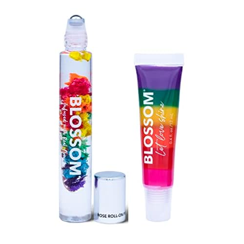 Blossom Moisturizing Strawberry Scented Tinted Lip Gloss Tube + All Natural Rollerball Perfume Oil, 2 Pack Bundle, Strawberry Rainbow/Rainbow Rose