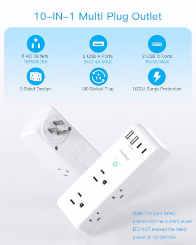 6 Outlet Surge Protector with 4 USB Ports & Rotating Plug
