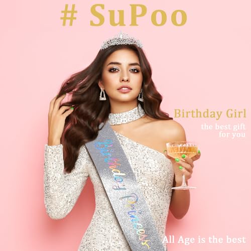 SuPoo AB Silver Birthday Princess Birthday Sash and Crown Set Birthday Girl Crown Rhinestone Tiara for Women Crystal Headband Happy Princess Birthday Party Decorations Headpieces Hair Accessories