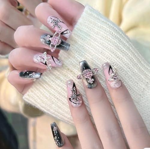 NLSJMP 3D Handmade Long Stiletto Press on Nails Almond Acrylic Fake Nails Kit,Rhinestone Luxury glitter Design Nail Art Kit,Reusable False nails,Include Toolkit,10Pcs,Size S,#986