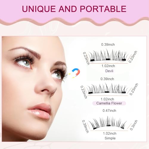 Eloria Magnetic Lashes with Applicator, 2026 New Upgrade Reusable Hunnyfit Magnetic Eyelashes Natural Look, Wispy False Lashes Kit, No Glue Needed Easy to Wear and Remove (Camellia+Devil+Simple)