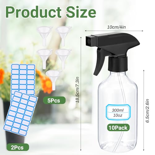 10-Pack 10oz Plastic Spray Bottles with Adjustable Nozzle for Hair, Plants, and Cleaning