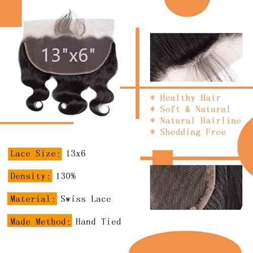 Lace Frontal Closure Body Wave 13x6 Ear to Ear HD Lace Frontal Closure Virgin Human Hair Pre Plucked with Baby Hair 150% Density Natural Black Color 18 Inch