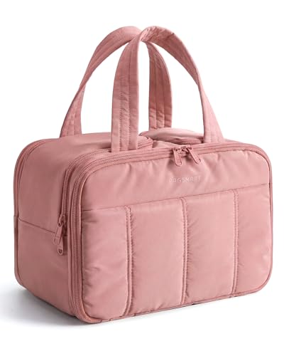 BAGSMART Dark Pink Puffy Travel Toiletry Bag with Handle, Large Organizer for Women