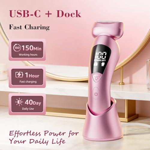 Cordless Electric Razors for Women: Rechargeable Painless Bikini Trimmer for Body Hair - IPX7 Waterproof Shaver with LED Display for Face/Underarm/Leg Blush Pink
