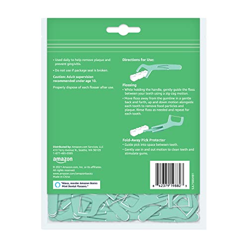 Amazon Basics Mint Dental Flossers Pack of 1 - 90 Shred-Resistant Picks with Fold-Away Toothpick