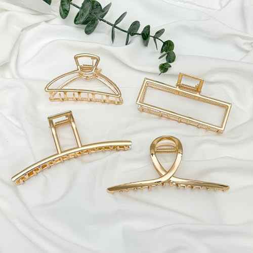 4 Pack Large Metal Hair Clips for Thin to Thick Curly Hair, 4.3 Inch Big Nonslip Gold Color Clamps, Perfect Fashion Jaw Claw Hair Styling Accessories for Women and Girls, Christmas Gifts