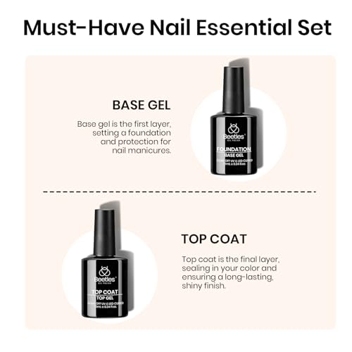 Beetles 2Pcs 10ml No Wipe Gel Base and Top Coat Set, Shine Finish and Long Lasting, Soak Off LED Nail Lamp Clear Gel Top Base Coat Gel Nail Polish Art Design Home DIY Manicure Gifts for Women