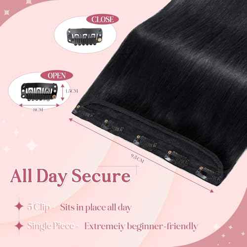 Clip In Hair Extensions for women One Piece 5 Clips Real Human Remy Hair Extension Long Straight Hairpieces for women 22 Inches #01 Jet Black