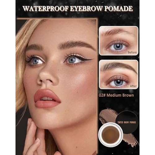 Eyebrow Pomade Kit,Long Lasting Waterproof Medium Brown Tinted Eye Brow Pomade Set with Brush Razor,Smudge-proof Eyebrow Cream Tint Brow Tinting Gel,Christmas Makeup Gift for Women Girl-02