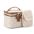 Quilted Makeup Bag with Brush Storage - Ivory Faux Leather