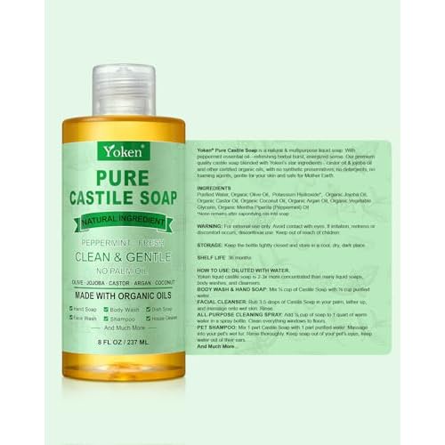 Peppermint Castile Soap Liquid 8 OZ, Made with Certified Organic Oils, Gentle Peppermint Soap for Body Wash, Face, Hands, Dishes, Laundry & More - Vegan & Natural Ingredients Versatile Cleanser