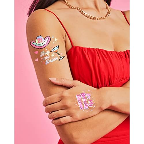 xo, Fetti 21st Birthday Party Decorations Temporary Tattoos - 48 pcs | Fun Bday Girl Party, Finally 21, RIP Fake ID, HBD, Disco Cowgirl Party, Twenty One Tiara