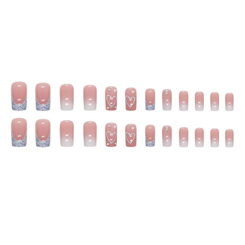 Magrace Press on Nails Medium Nude Fake Nails French Tips Full Cover Square False Nails with Designs 24 Pcs Stick on Nails for Women and Girls