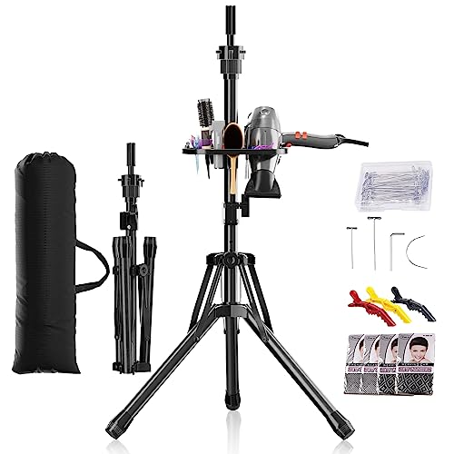 EBLIKI Wig Head Stand Tripod - Reinforced Wig Mannequin Stand, Adjustable Height 31" - 57" Wig Stand for Styling, Cosmetology Hairdressing Training with Wig Caps, T-Pins Hair Clips