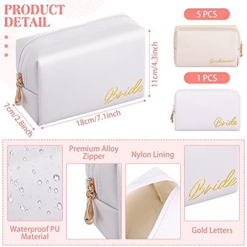Hillban 6 Pcs PU Leather Bride Makeup Bag Cosmetic Bridesmaid Waterproof Toiletry Travel Bag Pouch Purse Gifts for Bridal Shower, Wedding, Engagement Gifts, Bachelorette Party(White, Ivory White)