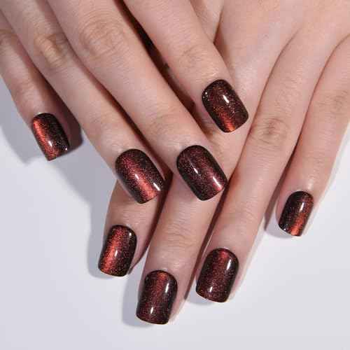 evpct Wine Red Cat Eye Extra Short Square Press on Nails, Petite Short Square Glue on Nails for Women Gift, Wine Red Holographic Glossy Fake Nail Reusable, Soft Gel Press on Acrylic Nail with Designs