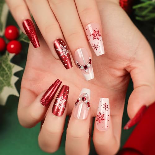 Noverlife 96PCS Christmas Short Squoval Press on Nails w/Nail Glue Tabs, Christmas Square Oval Fake Nails Acrylic Fingernails Xmas False Nail Tips, Festive Holiday Nail Art Manicure Decor for Women