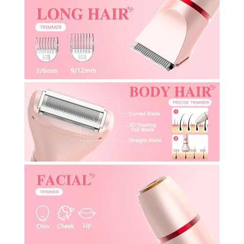 3-in-1 Bikini Trimmer for Women, Electric Razors Shaver for Public Hair - Rechargeable Body Hair Trimmer, Portable Detachable Removal Kit, lPX7 Waterproof Lightweight with LED Display, Gift for Women