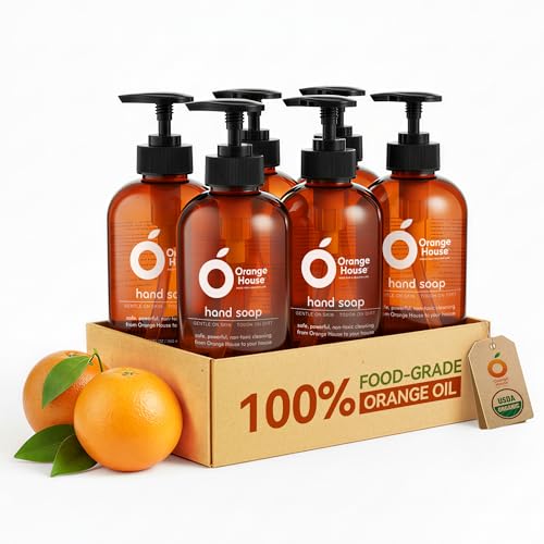ORANGE HOUSE Natural Liquid Hand Soap, Food-Grade Orange Oil Moisturizing Hand Wash, Plant-Based & Hypoallergenic, Gentle for Sensitive Skin, Non-Toxic Citrus Scented Soap, 12 Fl Oz (6 Pack)