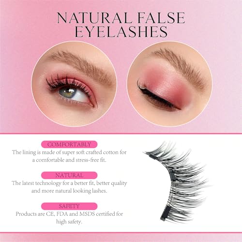 Magnetic Eyelashes 2 Pair Reusable Magnetic Eyelashes with Applicator, No Adhesive Required, Natural-Looking Eyelashes, Eyelash Curler Set, Easy to Wear and Remove