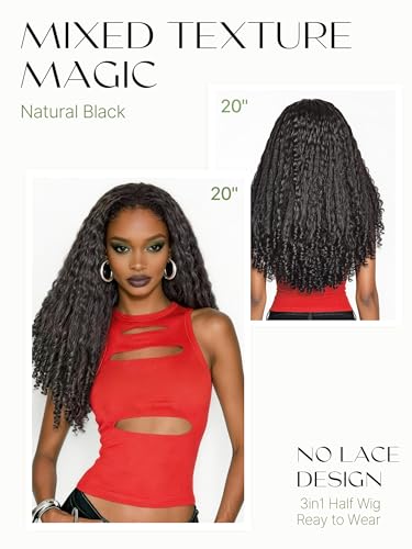 Frodio Natural Black 20-Inch Kinky Curly Half Wig, Glueless, 200% Density