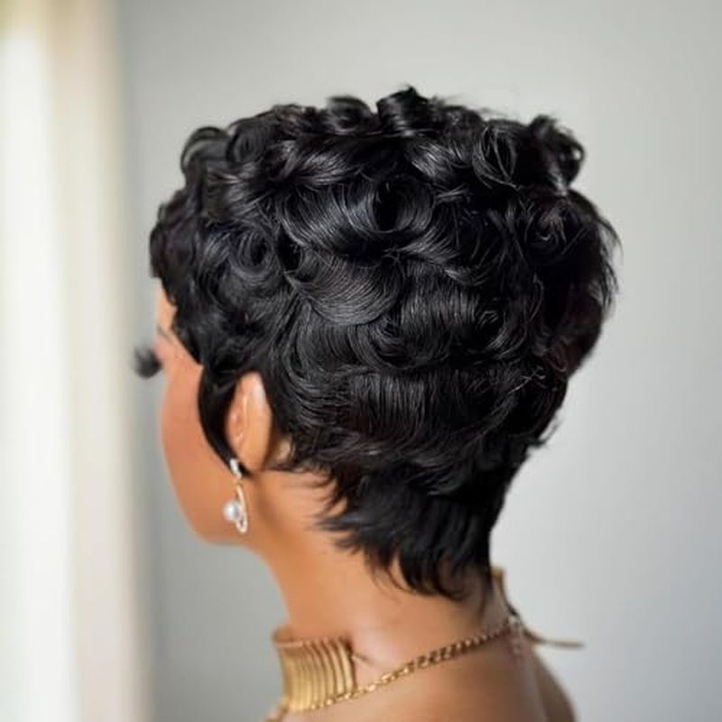Pixie Cut Human Hair Wig Short Curly 1B Black Women