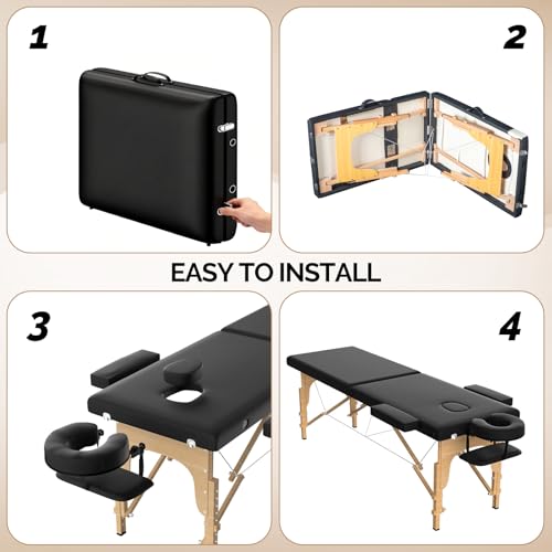 OmySalon Portable Massage Table 84x24 Black, 2-Fold, Adjustable Height & Carrying Bag