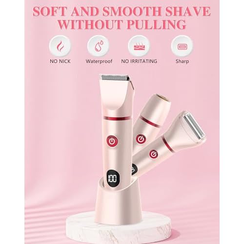 Bikini Trimmer for Women, Electric Razor for Pubic Hair 3-in-1, Bikini Shaver for Legs Body Hair, Womens Electric Razor IPX6 Waterproof, Gifts for Women,Pink