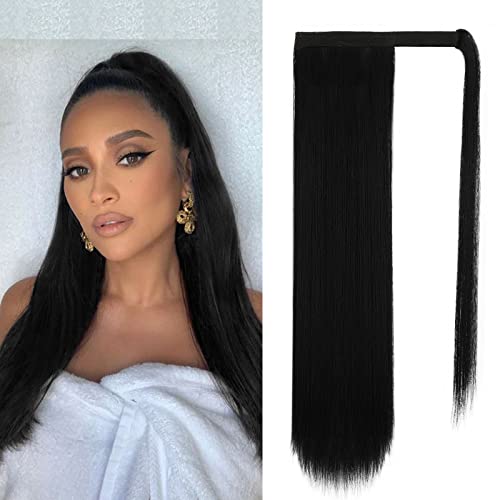 BARSDAR 20 Inch Ponytail Extension Long Straight Wrap Around Clip in Synthetic Fiber Hair for Women -Black