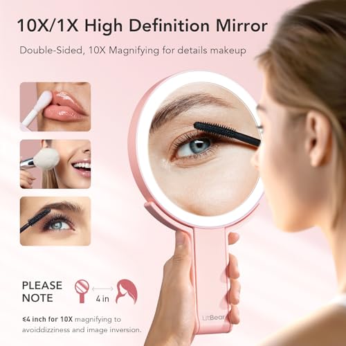 LitBear Travel Makeup Mirror with LED Lights, 10X/1X Magnification
