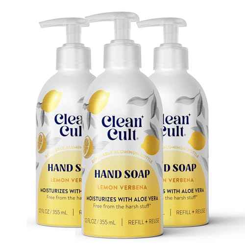 Cleancult - Lemon Verbena - Moisturizing Liquid Hand Soap - Refillable Aluminum Bottle - Made with Aloe Vera - Nourishes & Moisturizes Dry & Sensitive Skin - 12 oz - 3 Pack