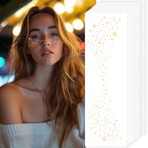 Gold Glitter Freckle Face Tattoos, 10 Sheet Sparkle Patches