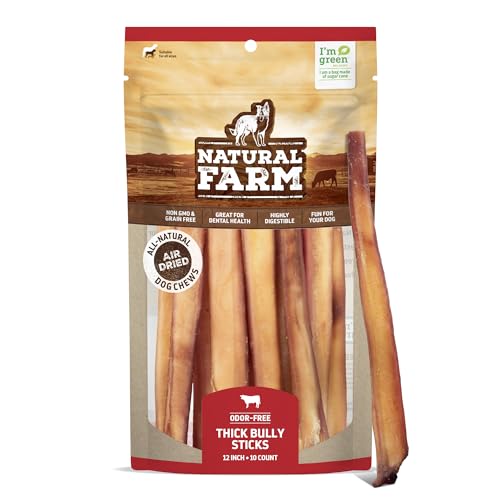 Natural Farm Odor-Free Thick Bully Sticks (12”, 10-Pack) All-Natural Long-Lasting Dog Chews, 100% Beef Pizzle, Grass-Fed, Grain-Free, Protein for Muscle Development & Energy, Perfect for Large Dogs