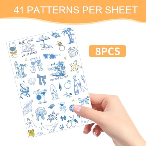 Last Toast on the Coast Temporary Tattoos - 200+ Blue Bachelorette Party Decorations Supplies, Bridal Shower Party Favors Fake Tattoo for Bride (8 sheets)