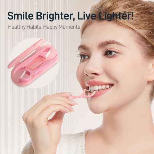 Holy Rose Pink Dental Floss Picks with Micro Travel Case - 5-Box Pack (10 Double String Flossers Each) - Easy Teeth Clean for Adults, Perfect for Home and On-The-Go Flossing