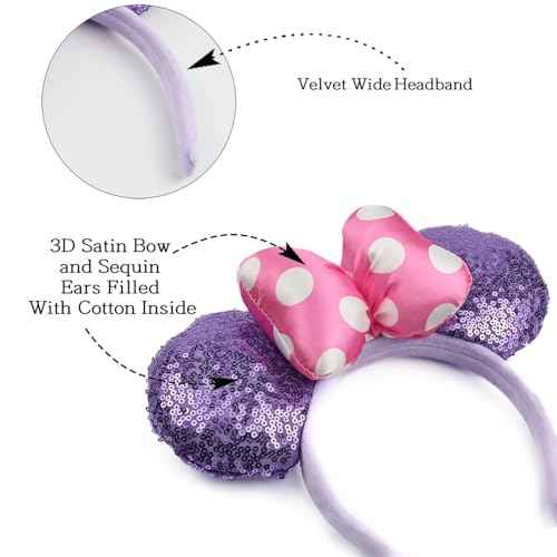 JIAHANG 3D Sequin Mouse Ear Headband, Satin Bow Hairband with Polka Dots, Hair Bow Velvet Headwear for Women Girls