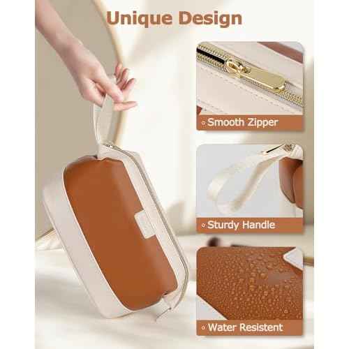 Wedama Makeup Bag Gift for Women, PU Leather Cosmetic Bag Wide Open Make up Organizer Bag, Large Capacity Travel Cosmetic Bag, Makeup Case with Handle for Women Girls, Brown