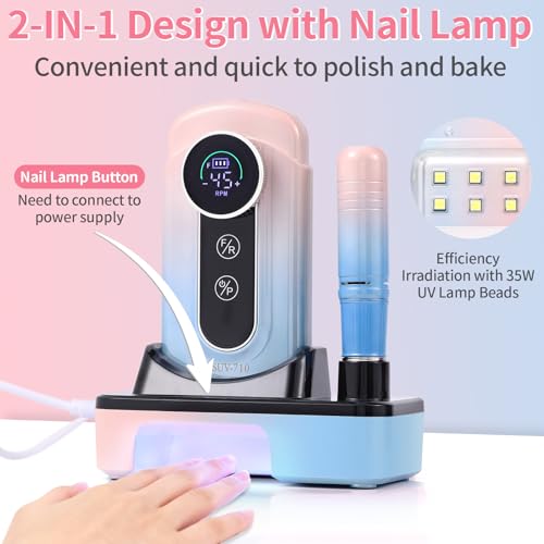 Electric Nail Drill Professional - 45000 RPM Cordless Nail Drill with Rechargeable Stand, Electric Nail File with Nail Lamp, Portable Nails Drills for Acrylic Gel Polishing Removing, Home & Salon Use