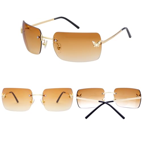 Unisex Rimless Y2K Rectangle Sunglasses with Clear Tinted Lenses - Fashion Shades for Women & Men