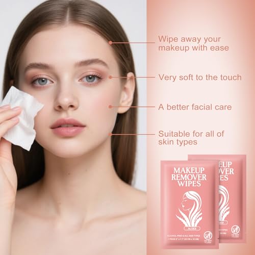 Makeup Remover Wipes Individually Wrapped Facial Cleansing Towelettes Bulk, Disposable Cleanser Makeup Removal Cloths Pad for Oil Dirt Skin Care Removing Mascara Lipstick Travel Hotel Aloes (100 Pack)