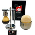 G.B.S Shaving Set, Long Handle Non-slip Knurled Razor Stand Shaving Brush, Shaving Bowl with G.B.S Natural Soap, 5 Blades