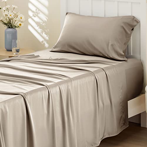 Bedsure Twin Sheets Set, Cooling Sheets Twin Size Bed Set, Rayon Derived from Bamboo, Twin Size Sheets, Breathable & Soft Bed Sheets, Hotel Luxury Silky Bedding Sheets & Pillowcases, Simply Taupe