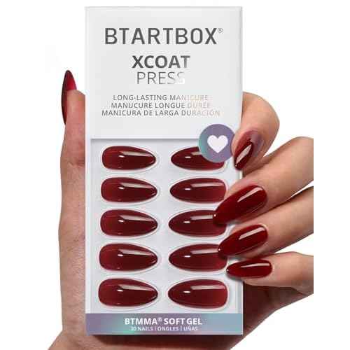 BTArtbox Press On Nails Almond - Lamp-Curable Dark Red Medium Press On Nails with Glue for Women, Semi-Transparent Soft Gel Glue On Nails in 15 Sizes - 30 Stick On Nails Kit, Blackout