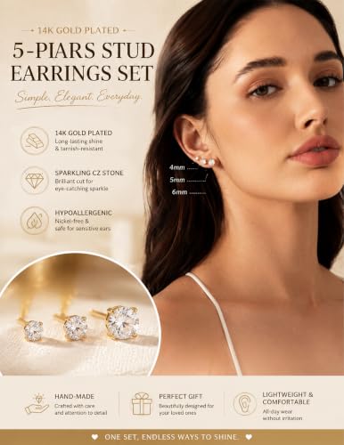 14K Gold Plated Hypoallergenic Stud Earrings Set for Women