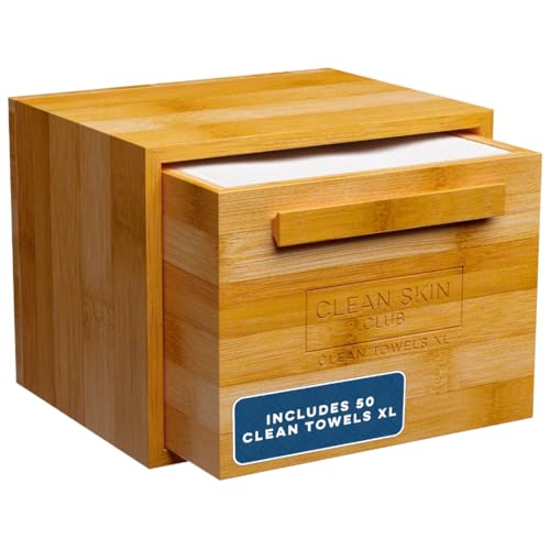 Clean Skin Club Luxe Bamboo container with pullout drawer includes Clean Towels¢ç Original XL 50 Count, Disposable Face Towel Holder for Bathroom Counter