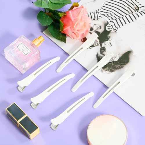 12PCS Hair Clips for Styling Sectioning - Non Slip No Crease Duck Billed Hair Clips for Women with Silicone Band - Professional 4.3 Inch Large Salon Hair Cutting Clips for Hairdresser - White