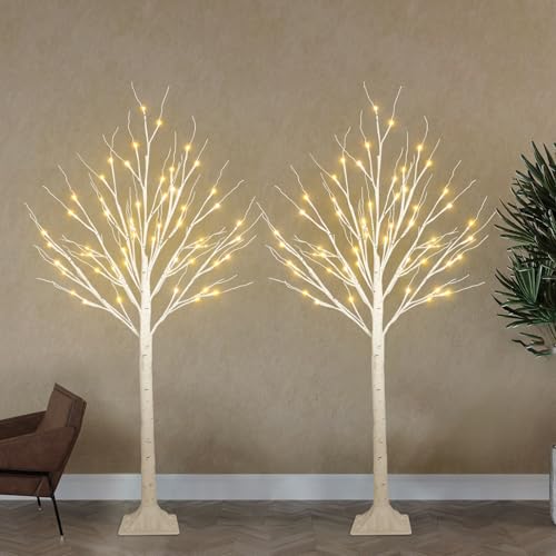 2-Pack 4FT Lighted Birch Tree for Indoor Christmas Decorations Outdoor, Higher Size, Timer Function Birch Christmas Tree with 96 LED Warm White Lights for Home Decor Bedroom Thanksgiving Party Garden